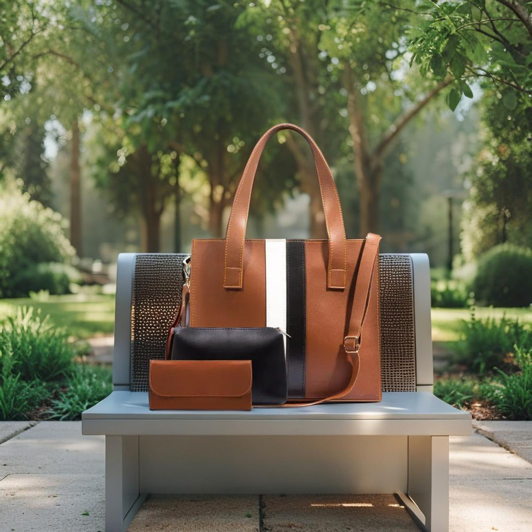 3-in-1 Stylish Tote Bag Set – Premium Faux Leather Handbag with Crossbody & Clutch (Brown/Black/White)