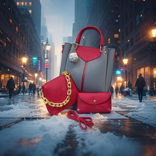 Luxury 3-Piece Women’s Handbag Set – Elegant Red & Grey Faux Leather Tote Bag with Gold Chain Crossbody & Matching Pouch | Stylish Office, Travel & Winter Shoulder Bags for Women